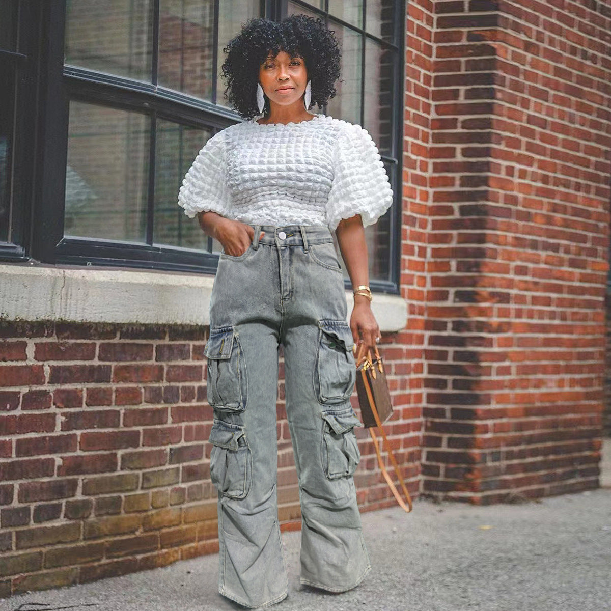 Women Washed Cargo Pocket Denim Straight Leg Pants