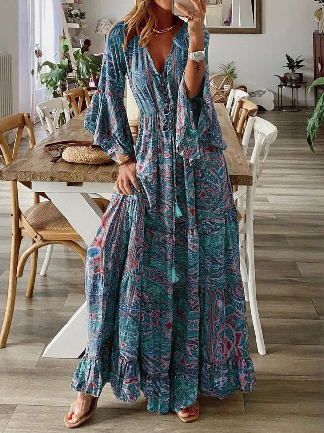 Women Boho Bell Bottom Sleeve Printed V Neck Holidays Maxi Dress 5