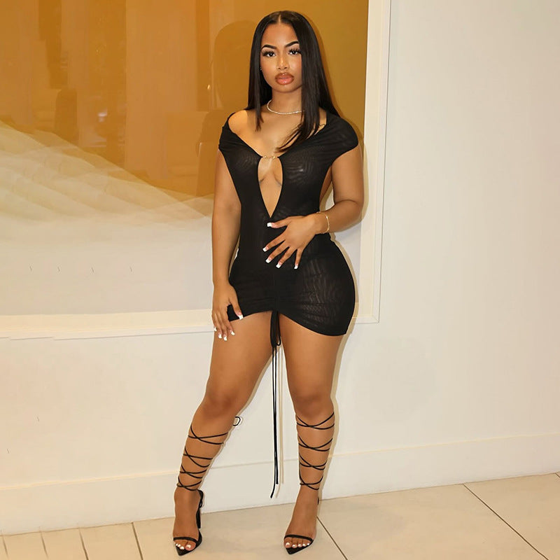 Women's Autumn Solid Color Sexy Off-Shoulder Short Sleeve Low Back Lace-Up Pleated Short Dress 19