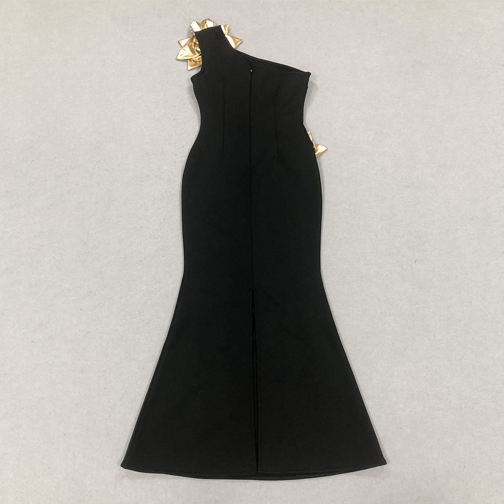 Women Sexy Formal Party One Shoulder Hollow Flower Bandage Dress 6