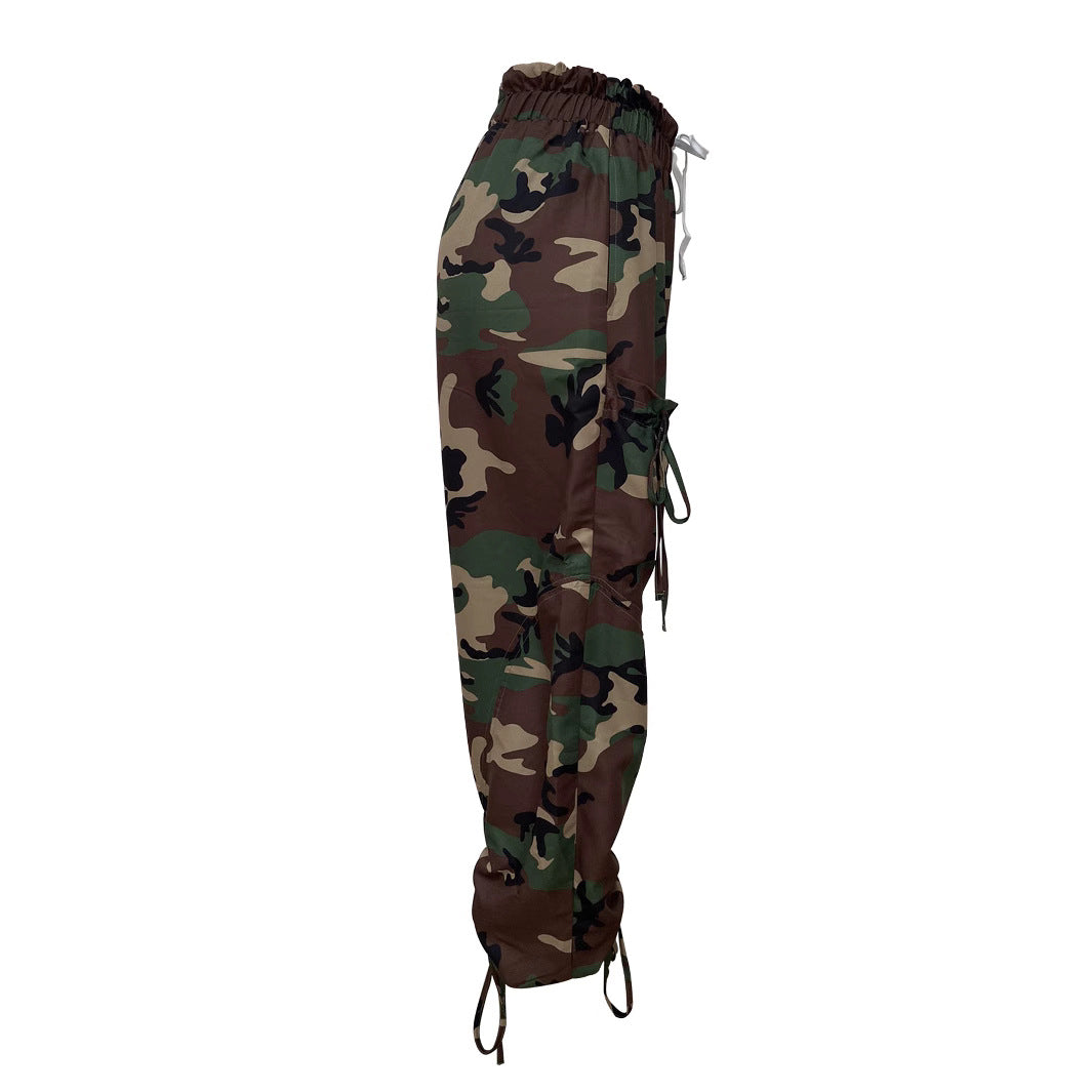 Women Camouflage Print Lace-Up Large Pocket Lantern Camouflage Pants 4