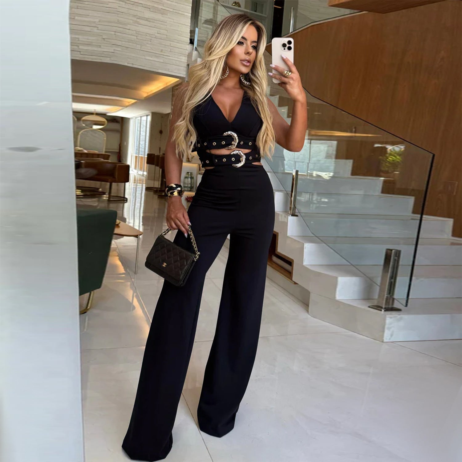 Women V-Neck Buckled Belt Top and Pants Two-Piece Set 5