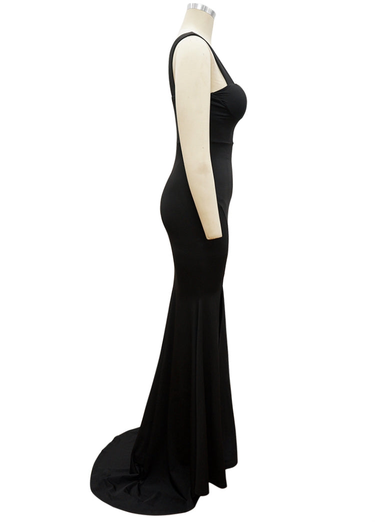 Women Summer Black Modest Strap Sleeveless Solid Silt Evening Dress 6