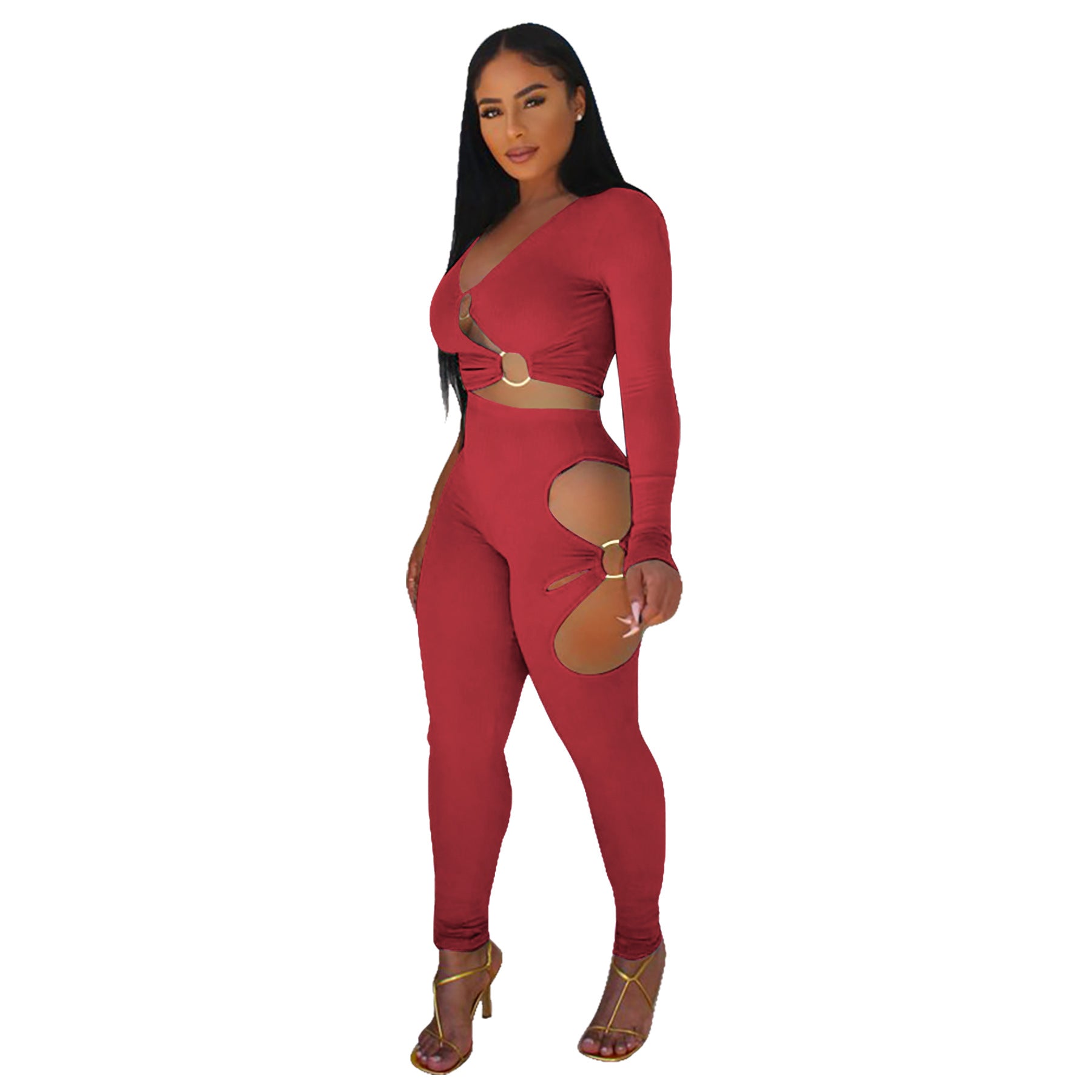 Fashionable Women's Solid Color High-Stretch Ribbed Sexy V-Neck Two-Piece Pants Set 37