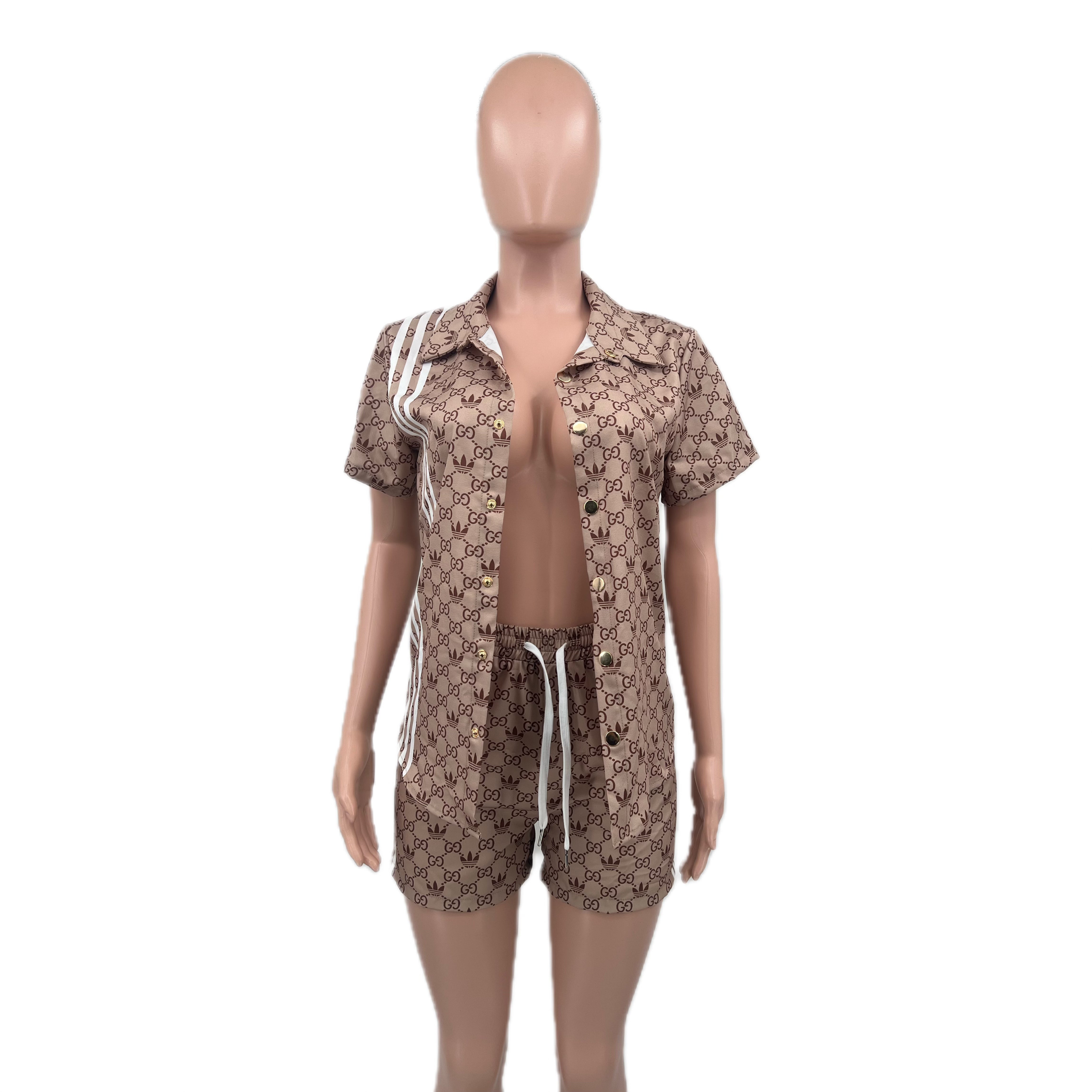 Women Print Turndown Collar Short-Sleeved Shirt 3