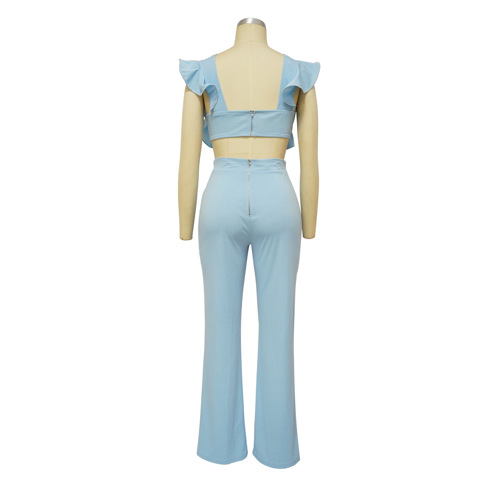 Women Summer Ruffle Round Neck Solid Jumpsuit 17