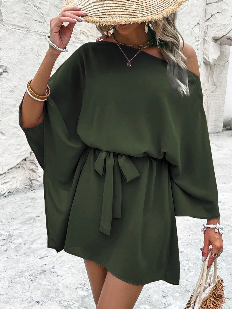 Women Satin Off-shoulder Asymmetrical Dress 13
