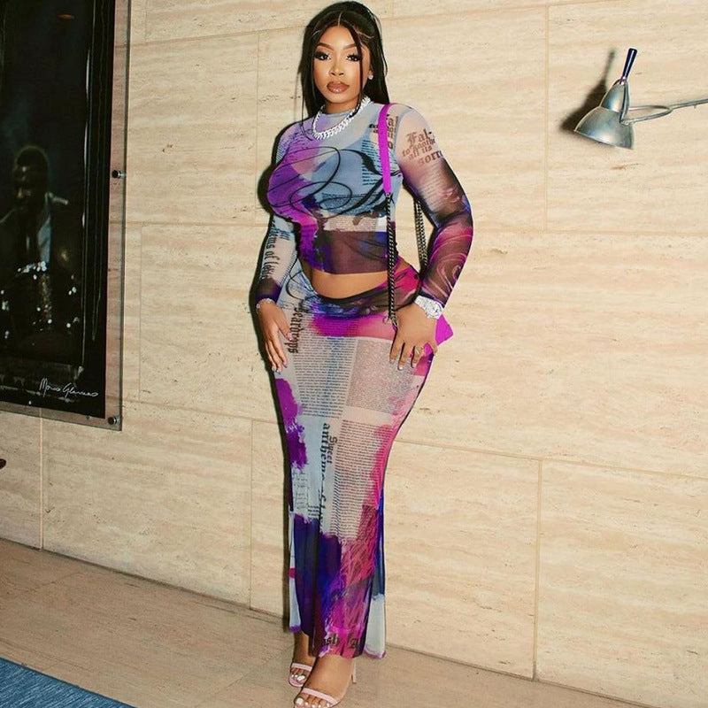 Sexy Printed  See-Through Mesh Round Neck Long Sleeve Top Slim Skirt Fashion Two Piece Women Set 3