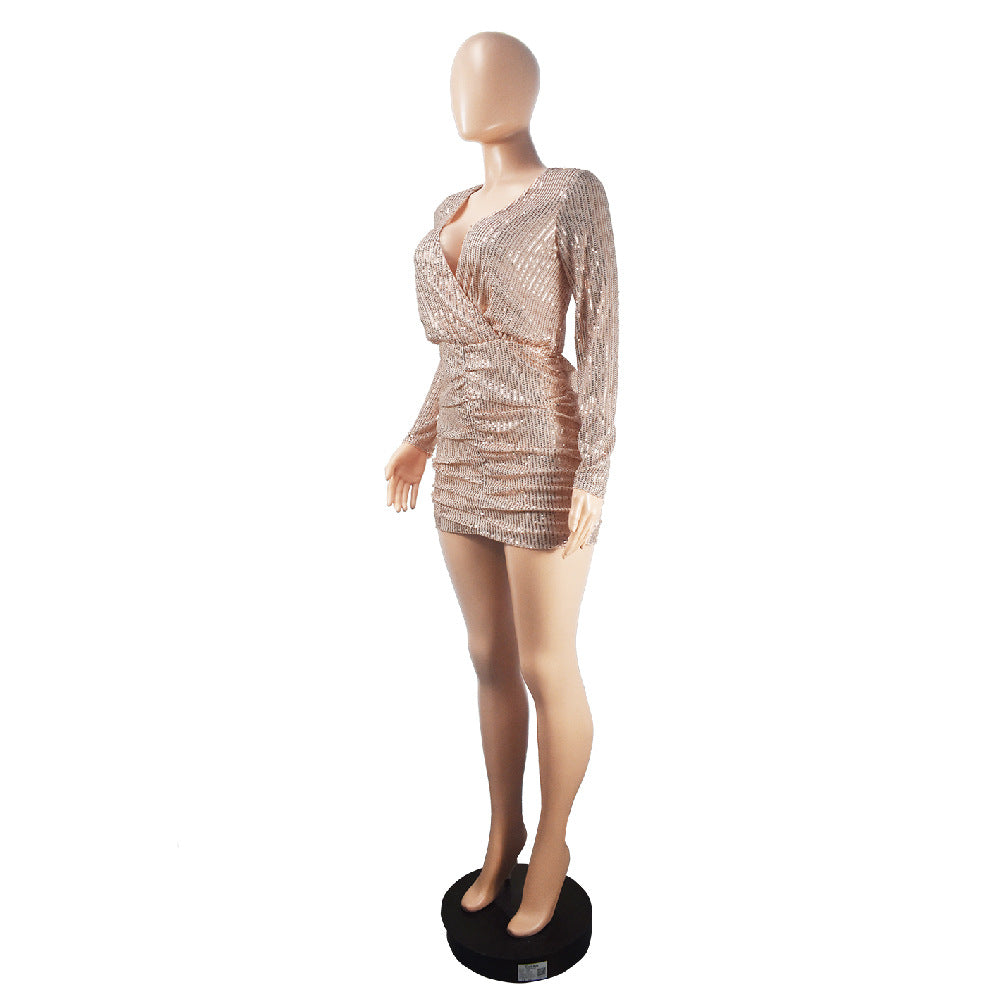 Women Sexy Sequin Long Sleeve Deep V Mini Bodycon Dress 9