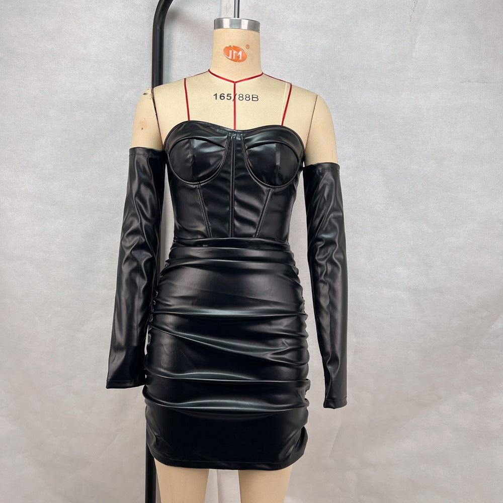 Women Spring and Summer Sexy Off Shoulder Pleats Pu-Leather Strapless Bodycon Dress 9