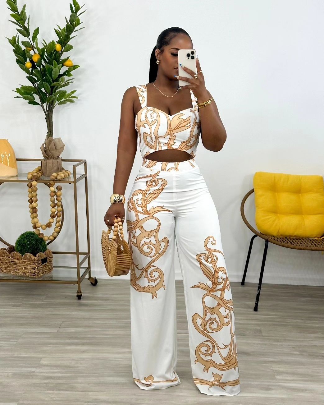 Women Sexy Print Suspender Top and Wide Leg Pants Two-piece Set 3