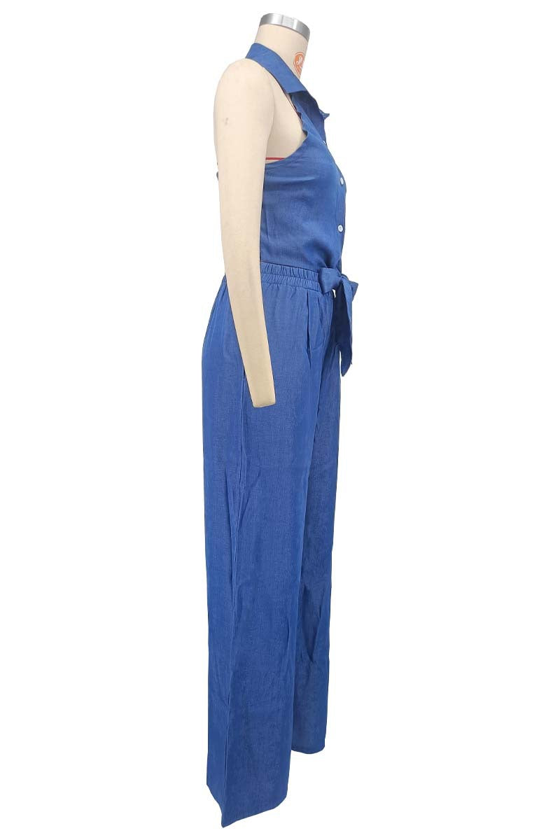 Women blue denim halter neck turndown collar backless top and wide leg pants two piece set 5