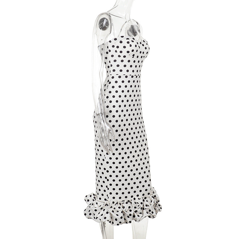slim waist polka dot pleated Strap long dress 5