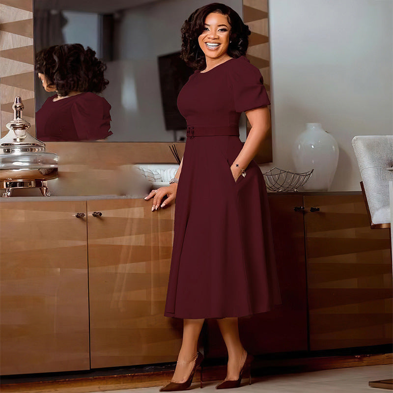 Women's Round Neck Chic Elegant Slim Waist Puff Sleeve A-Line African Dress 12