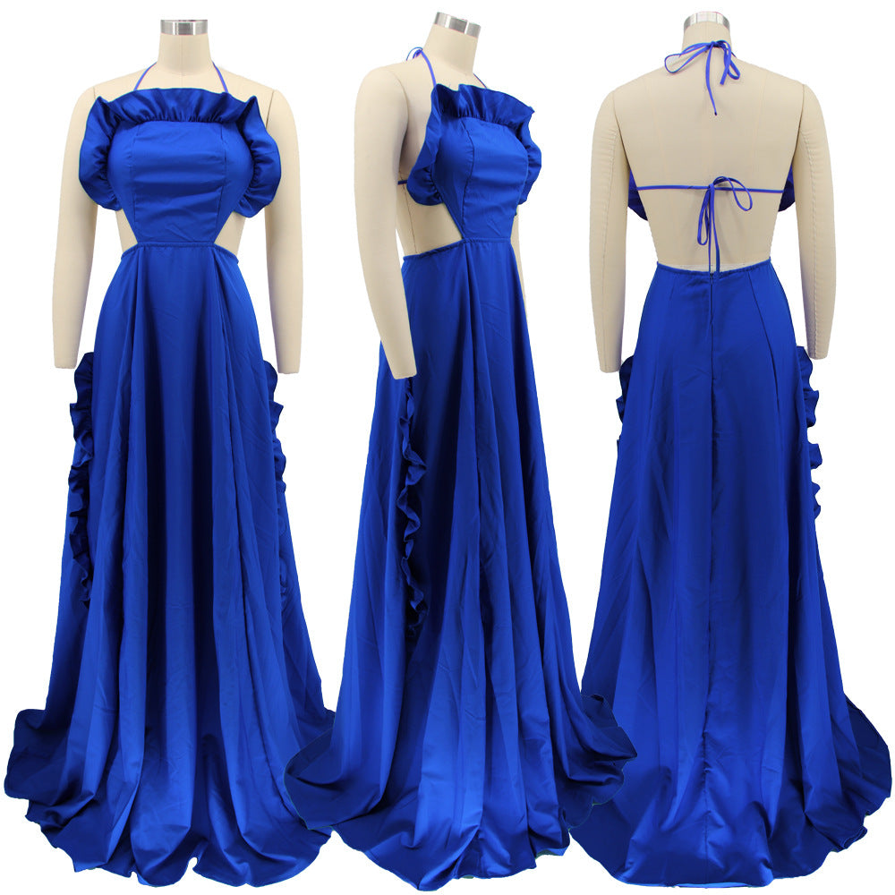 Sleeveless Halter Neck Ruffle Dress Sexy Solid Low Back Maxi Dress 10