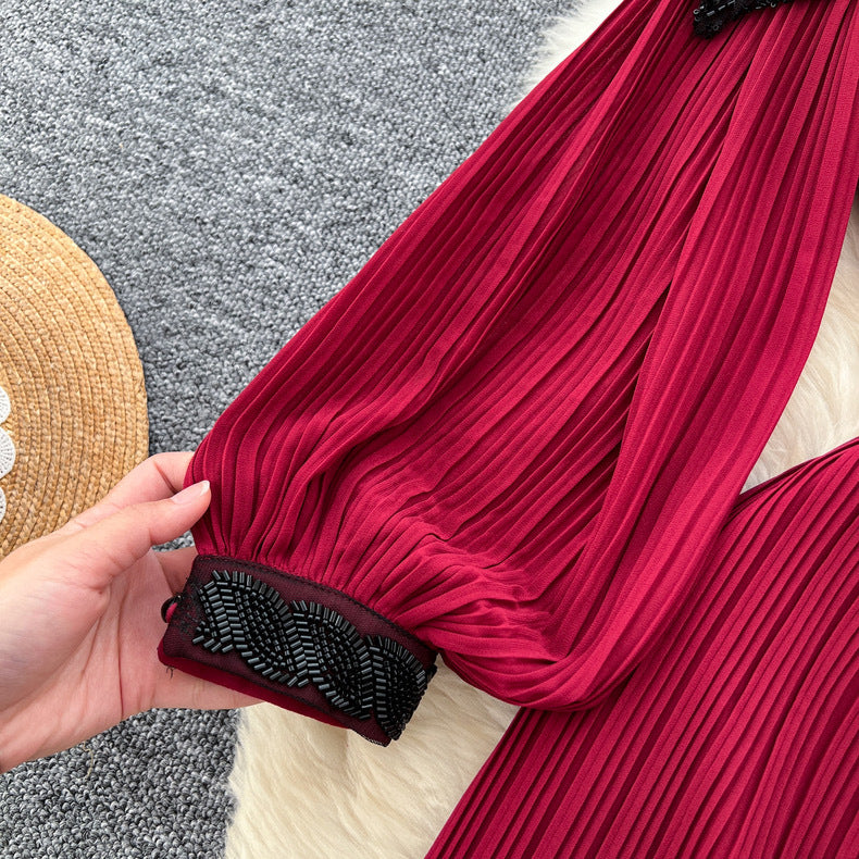 Beaded Chic Lantern Sleeve Pleated Dress 22