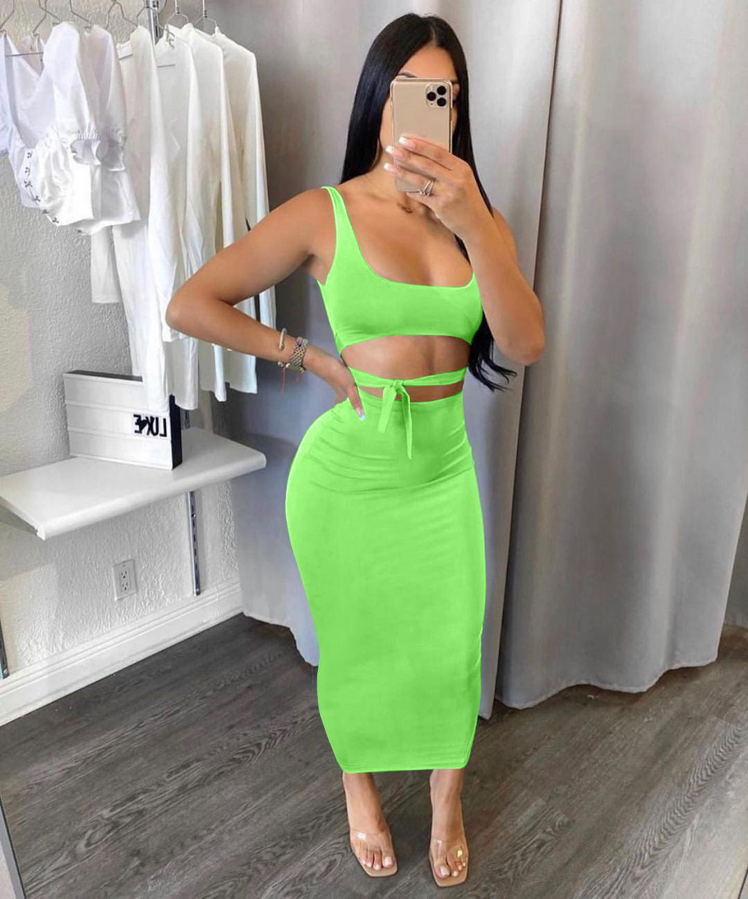 Women's Spring Summer Solid Color Strap Slim Two Piece Skirt Set 7