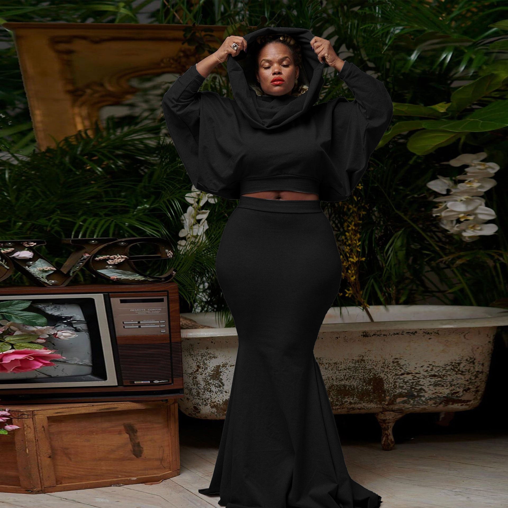 Sexy Slim Solid Color Hooded Fishtail Skirt Set 4