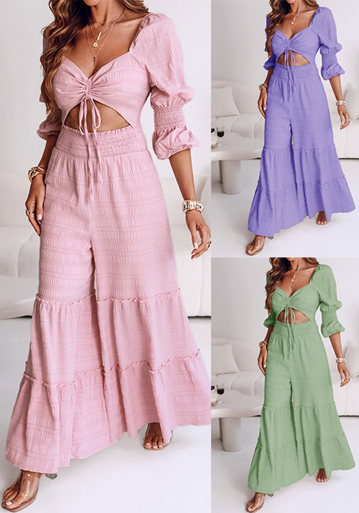 Women Square Neck Drawstring Puff Sleeve Wide Leg Jumpsuit