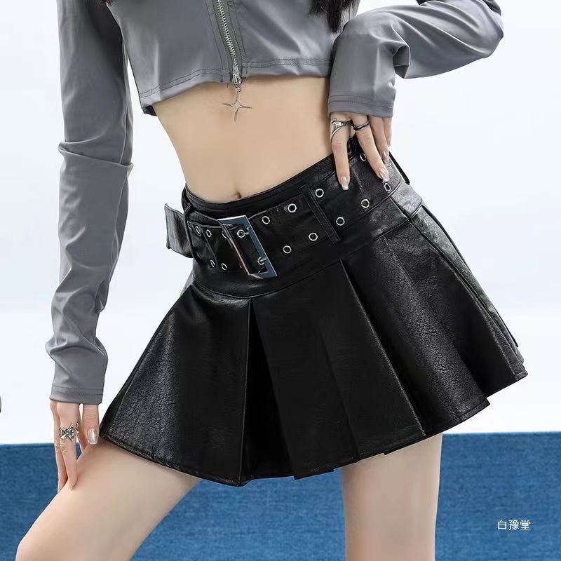 Women Autumn and Winter Black PU Leather Pleated Skirt 5