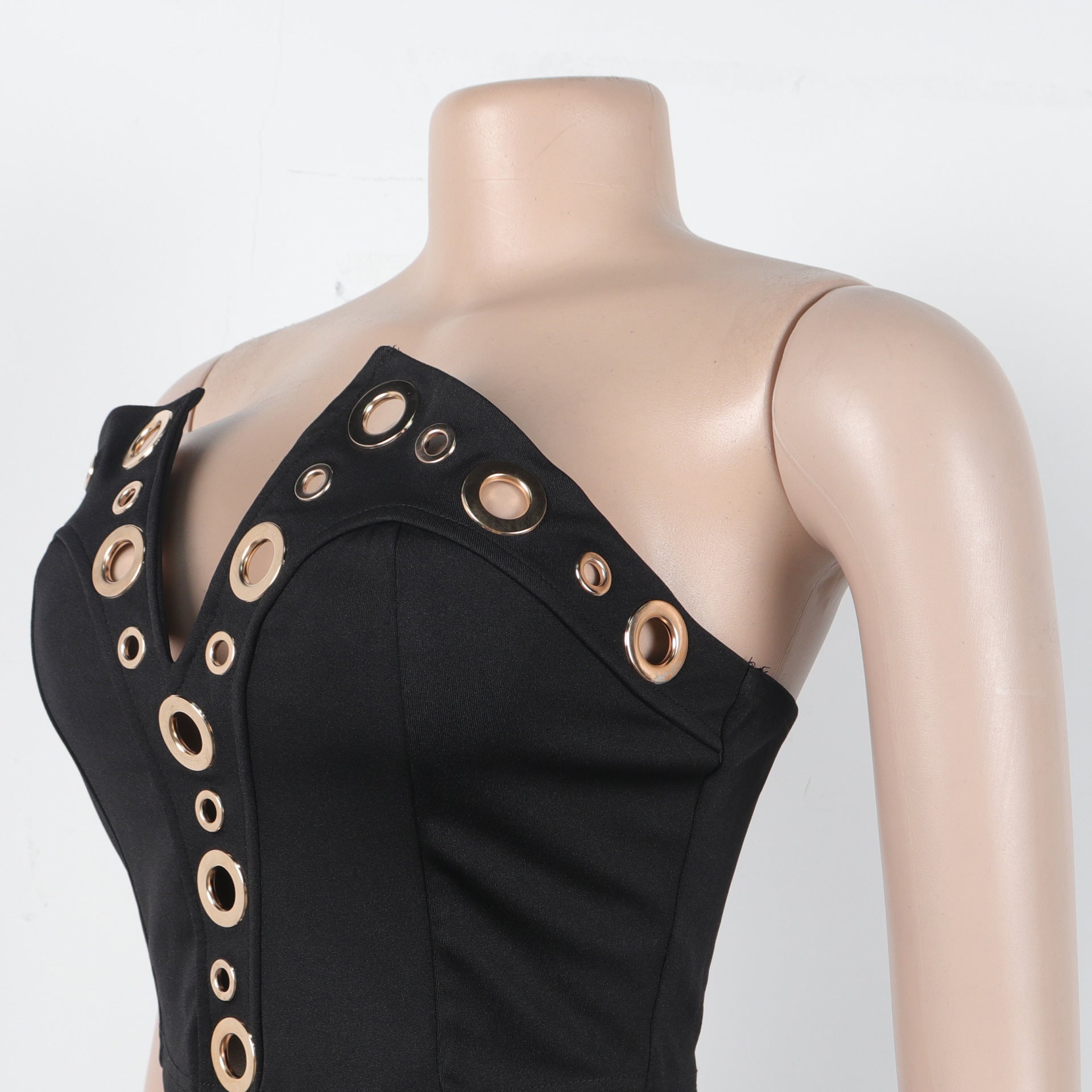 Women elegant elastic metal buckle decorated V-neck Top and Pants two-piece set 43