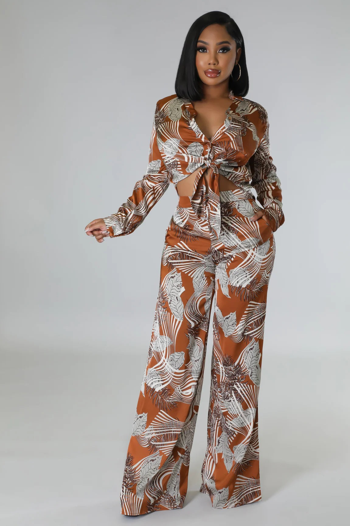 Summer Print Stand Collar Long Sleeve Shirt Top Wide Leg Pants Fashion Two-Piece Set 8