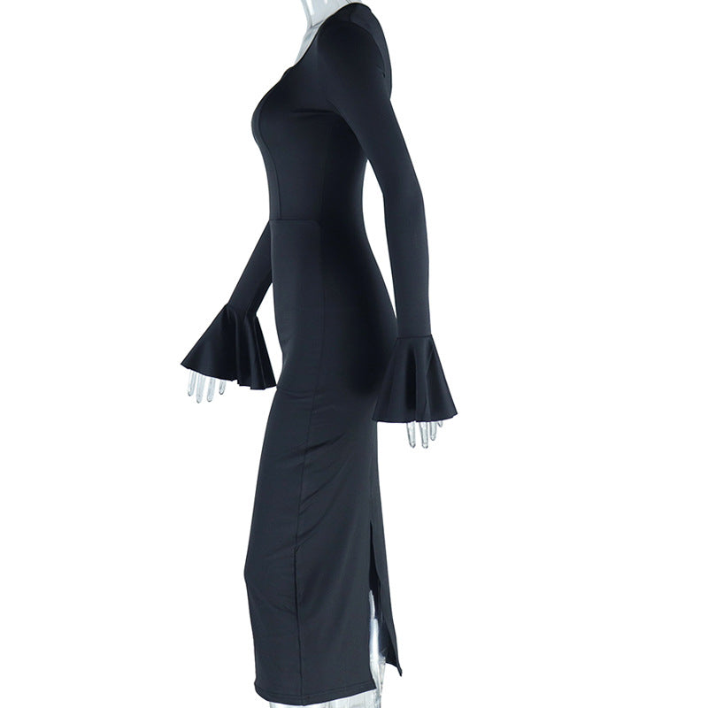 Fashionable Round Neck Solid Color Bell Bottom Sleeve Slit Slit Midi Dress 9