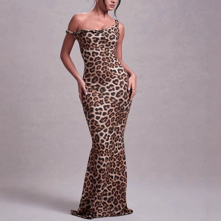 Women Sexy Strap Bcakless Leopard Maxi Dress 5