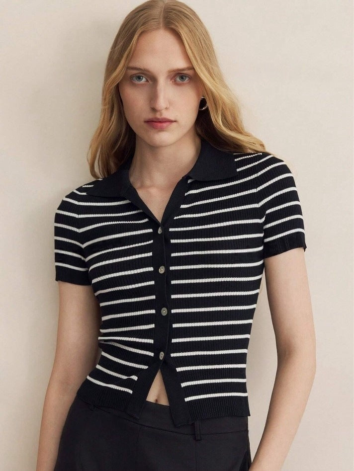Autumn Winter Turndown Collar Slim Fit Striped Short Sleeve Women Knit Cardigan