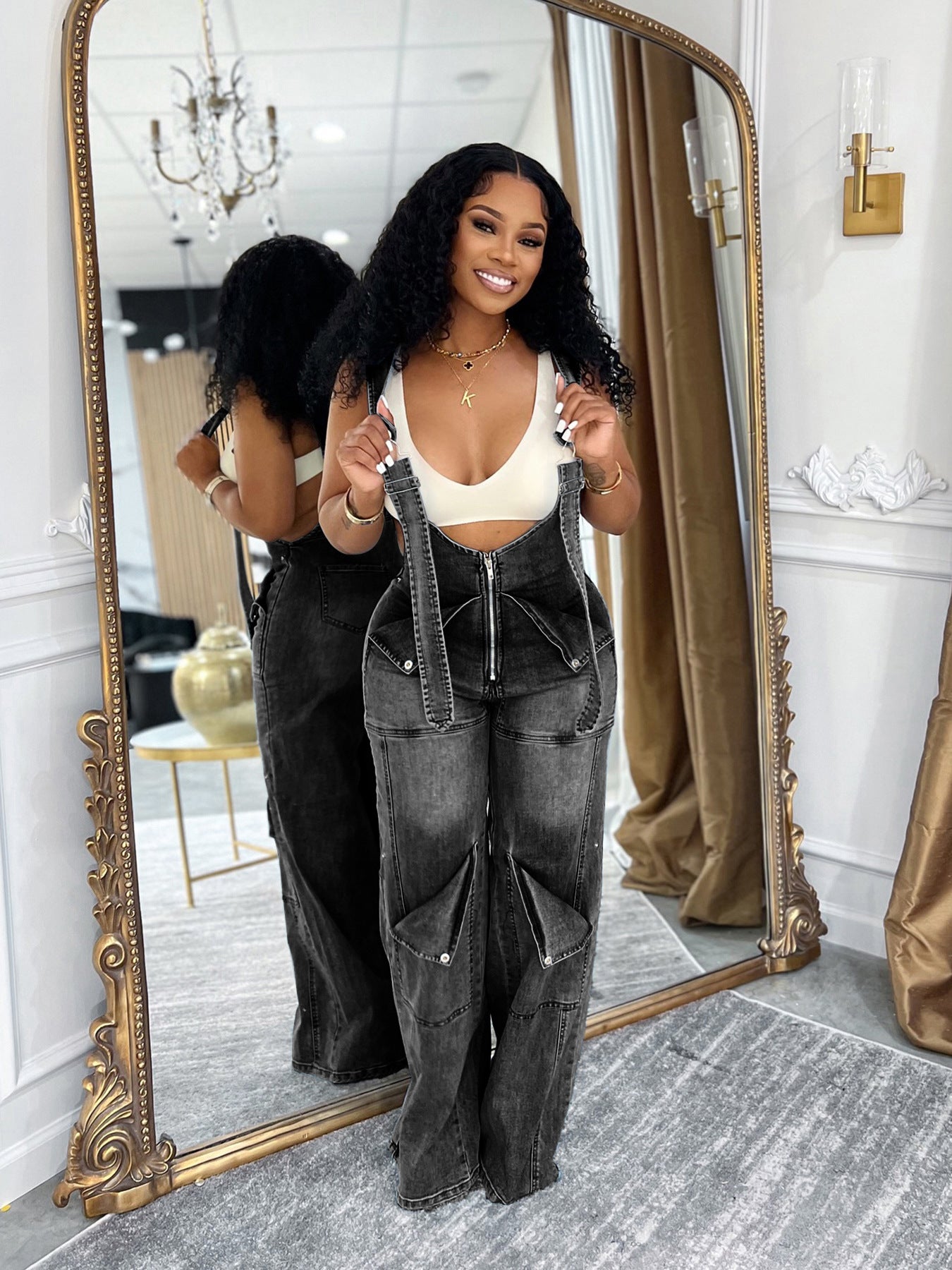 Women's Loose High-Waist Wide-Leg Denim Overalls Jumpsuit 5