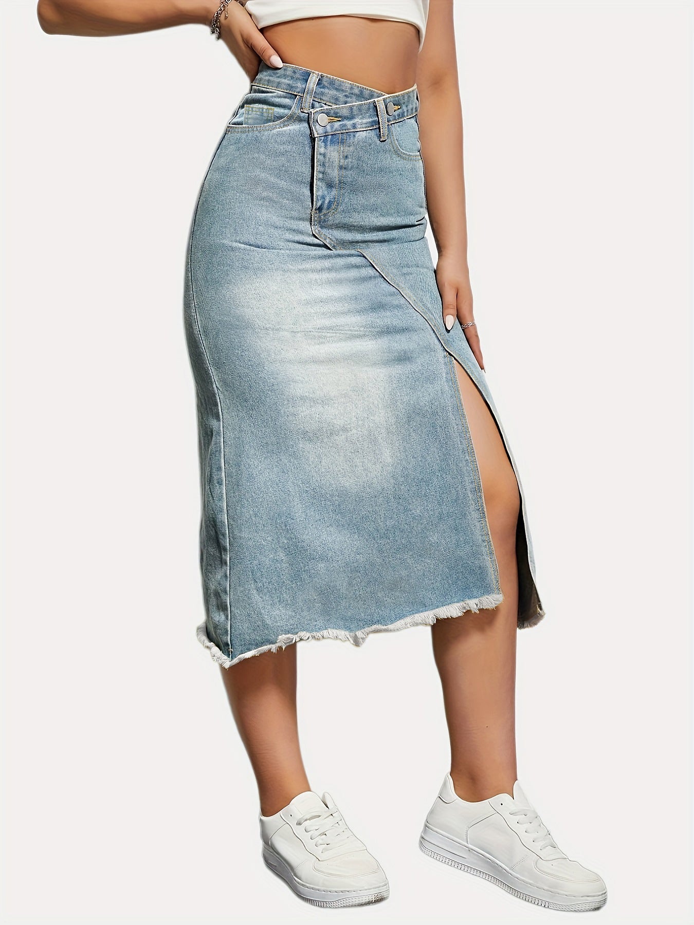 Autumn Women's Fashion Slit Patchwork Retro Denim Skirt 6