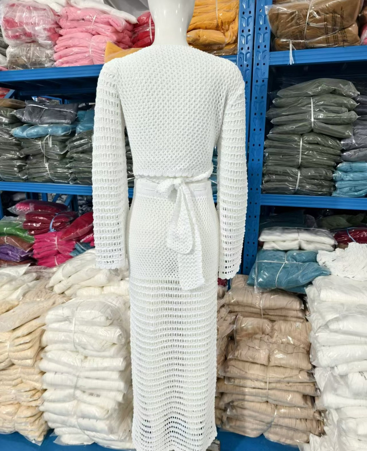 Sexy Lace-Up V-Neck Long Sleeve Top Hollow Skirt Knitting Two-Piece Sest 4