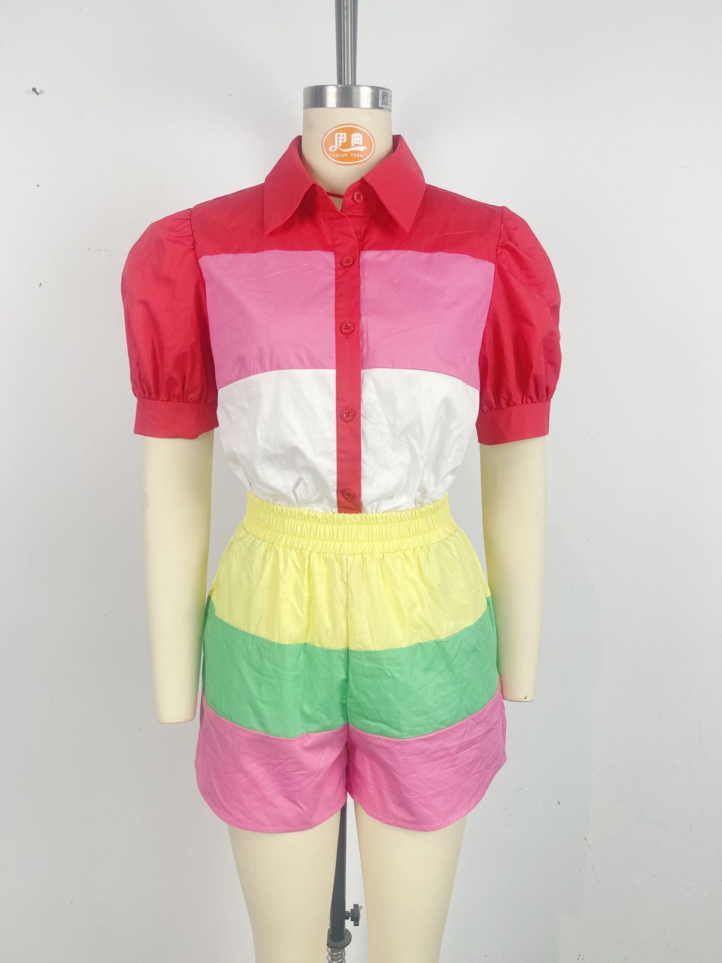 Fashion  Casual Color Multi-Color Patchwork Lantern Sleeve Shirt Shorts Two-Piece Women's Set 13