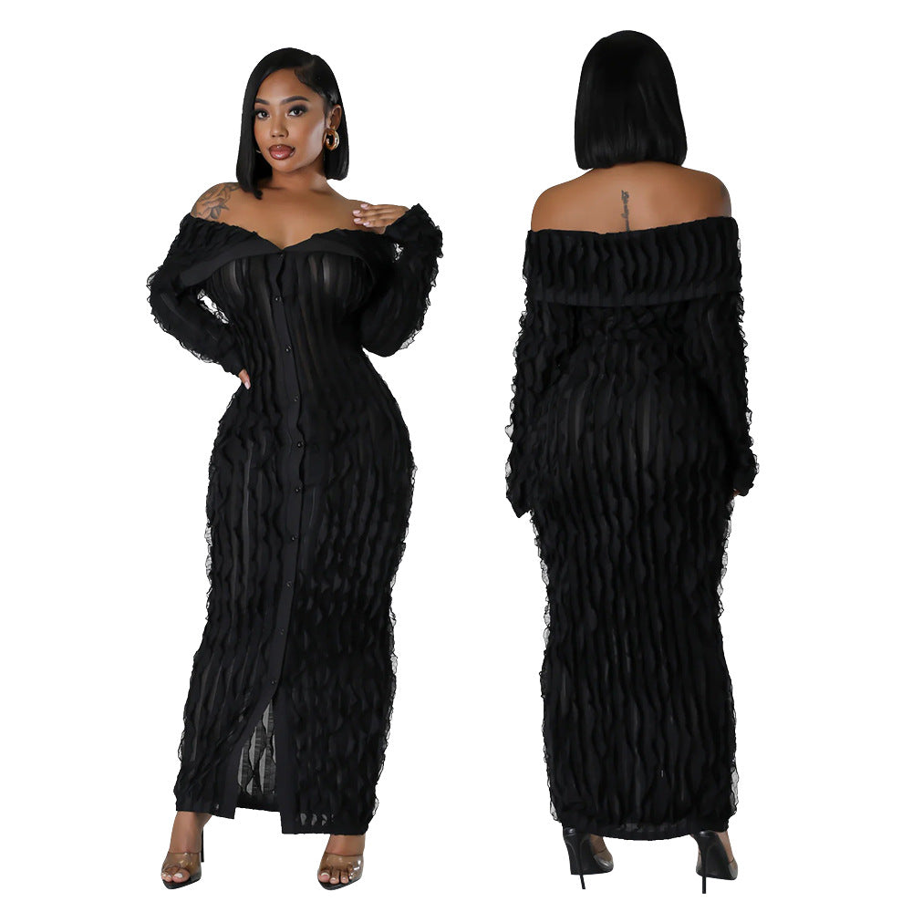 Spring Summer Women Fashion Sexy See-Through Off Shoulder Shirt Button Long Dress
