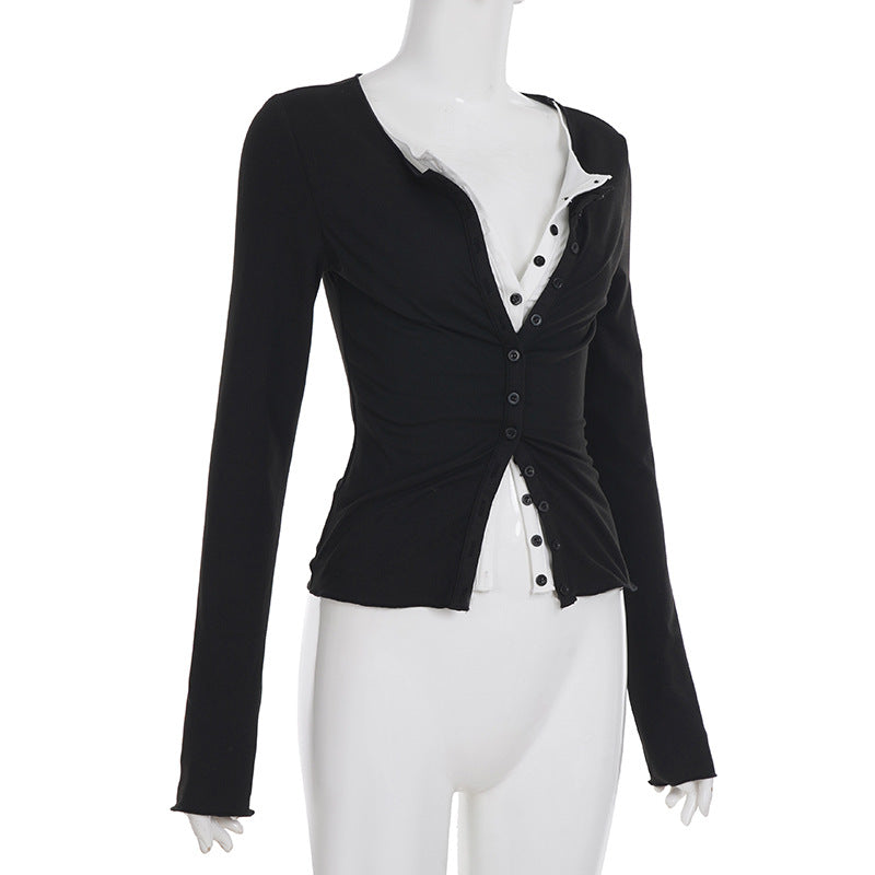Black & White Contrast Fake Two-Piece Slim Waist Button-Down Long-Sleeve T-Shirt 20