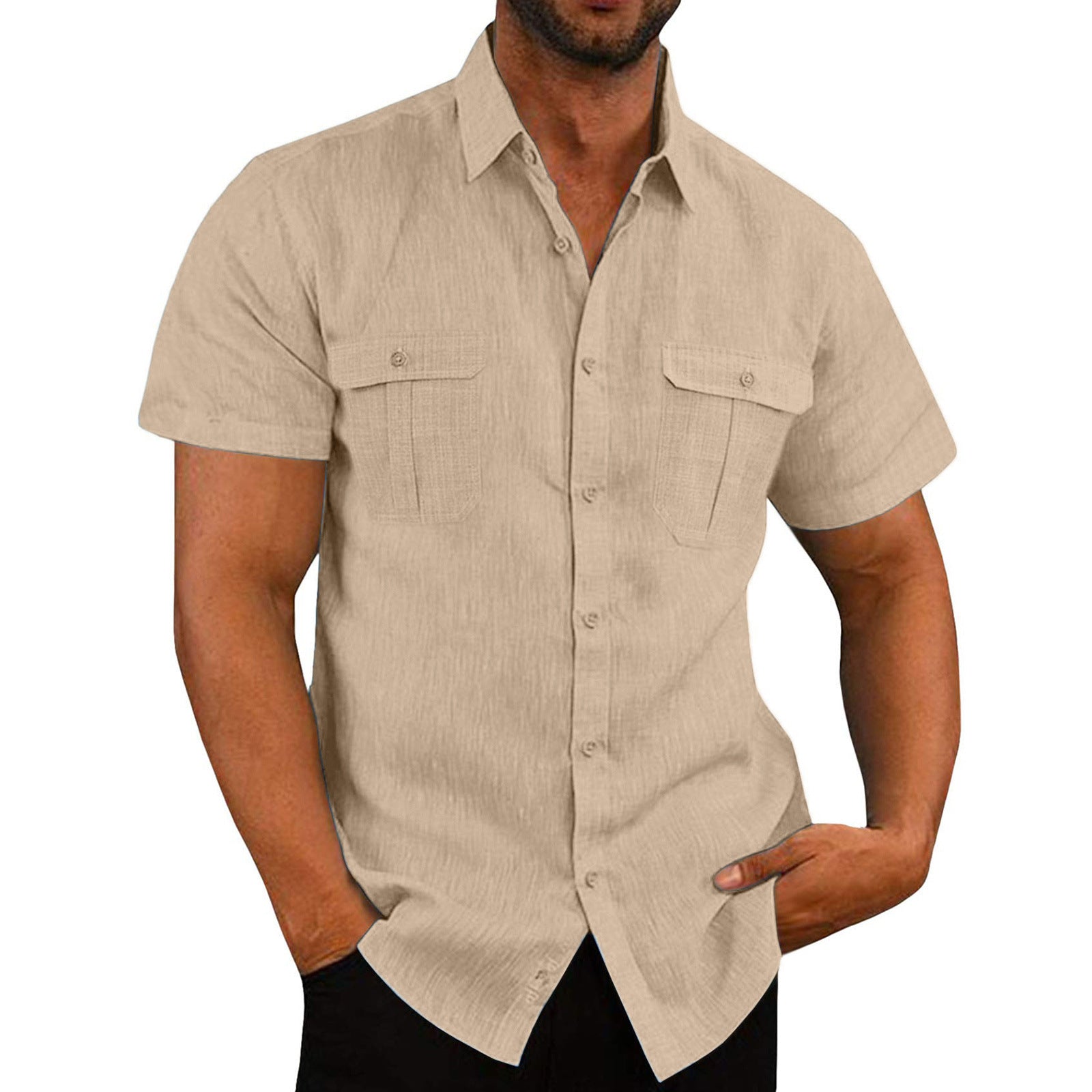Men's Shirts Double Pocket Linen Short Sleeve Shirts 7