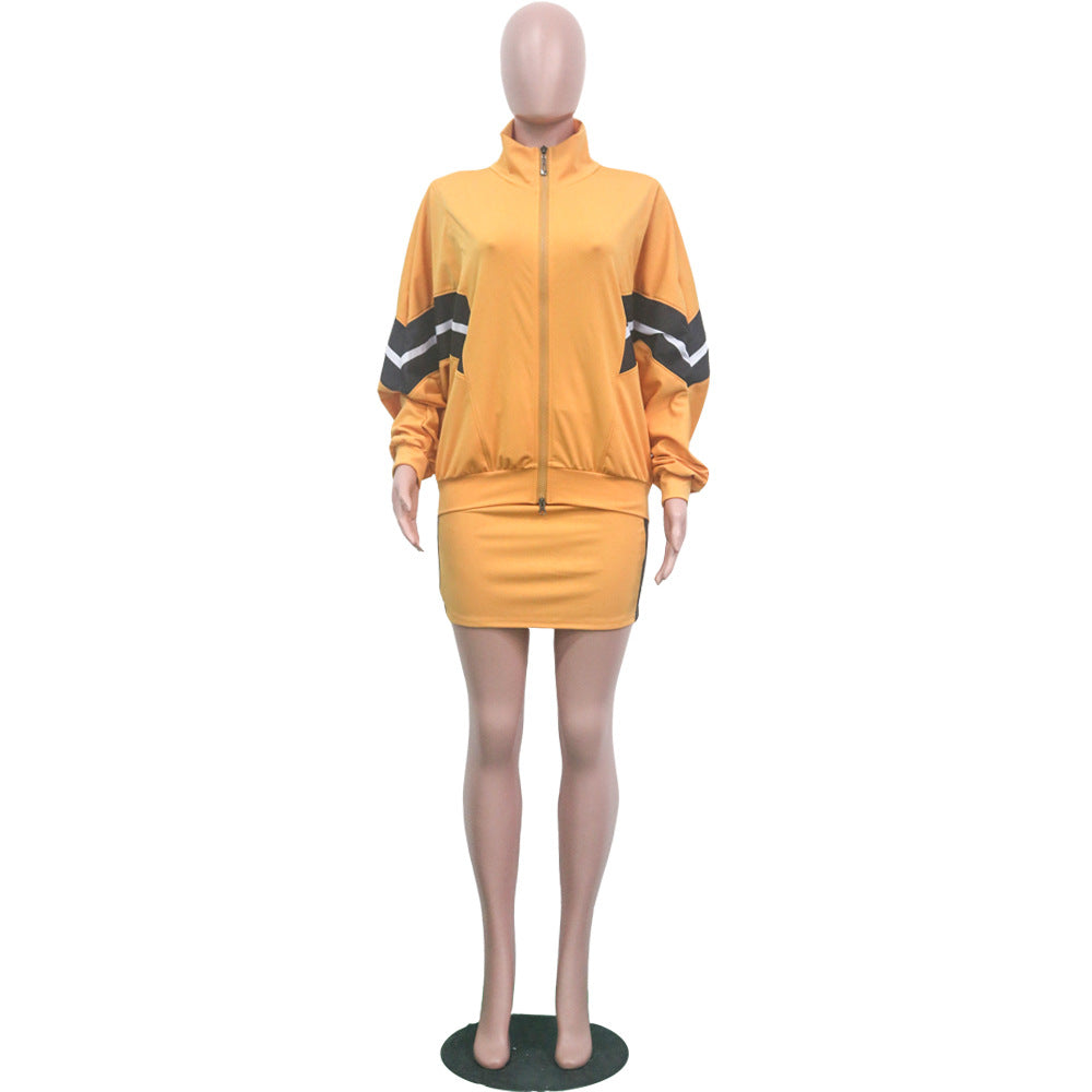 Autumn And Winter Two Piece Set Patchwork Casual Sports Long-Sleeved Jacket Short Skirt Set For Women 10