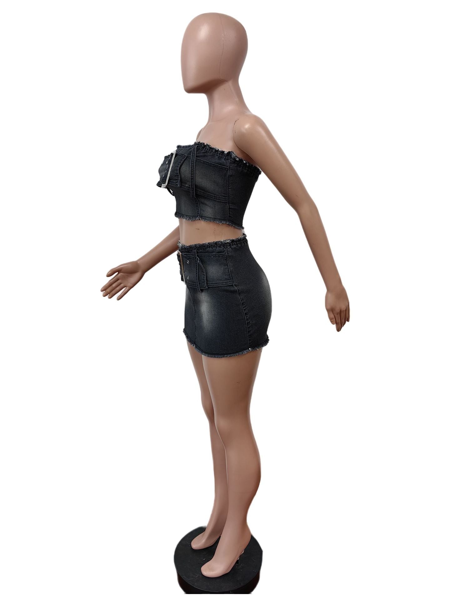 Summer Strapless Belt Elastic Denim Skirt Set 10