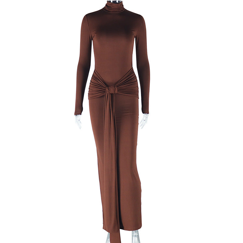 Women's Solid Color Round Neck Long-Sleeved Streamer Tie Chic Long Dress 8