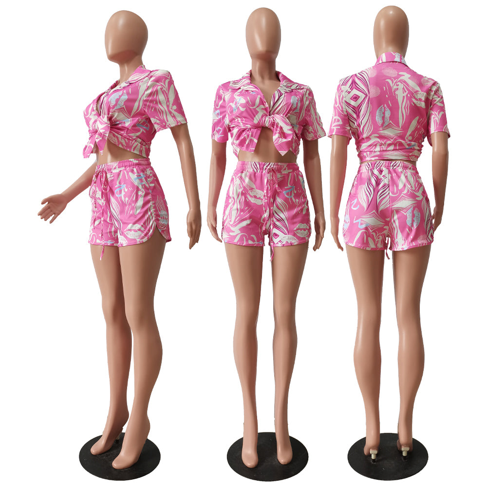 Summer Fashion Print Multicolor Shirt Shorts Casual Set 34