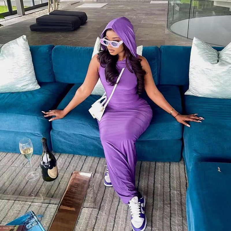 Summer Ladies Solid Color Hooded Sleeveless Bodycon Slit Dress Women 10