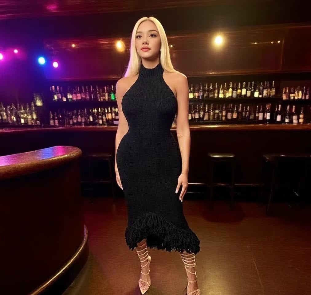 Women’s Sexy Halter Neck Low Back High-Waist Bodycon Fringe Knit Dress 7