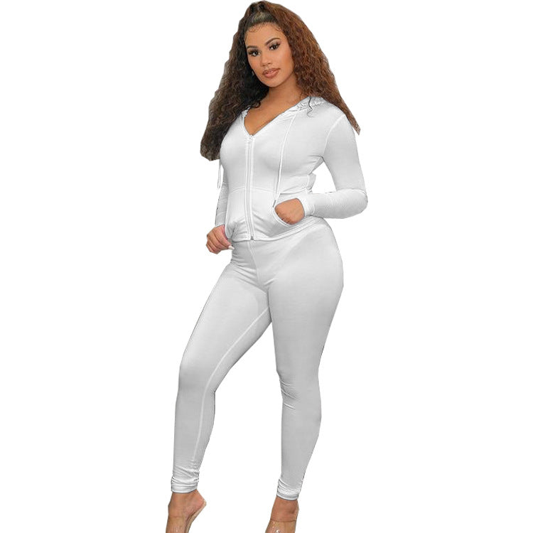 Women Casual Sports Running Fitness Zippered Hooded Top Long Pants Two-piece Set 3