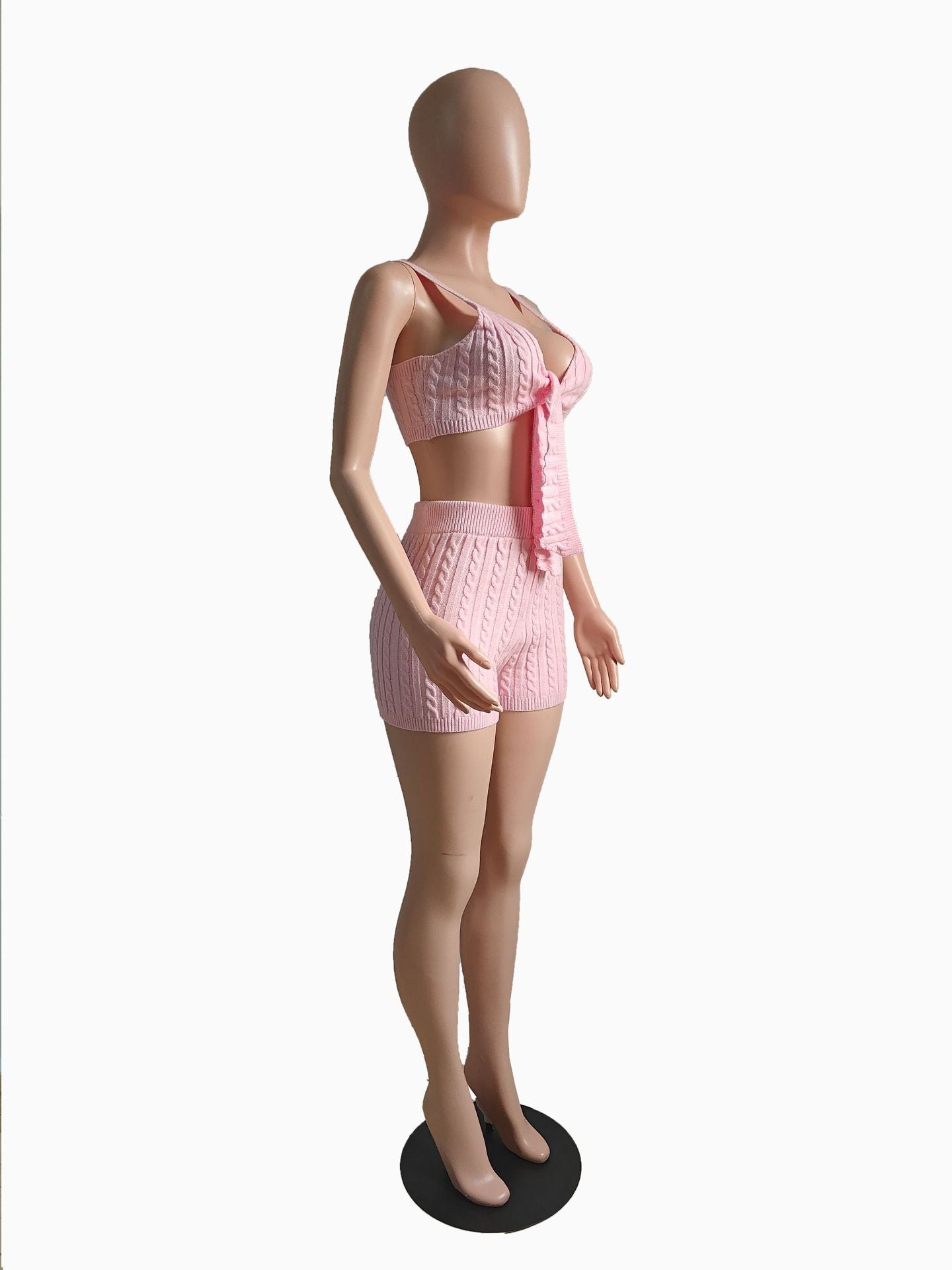 Women Spring Solid Sexy Stretch Solid Knitting Suspender Top and Shorts Two-Piece Set 4