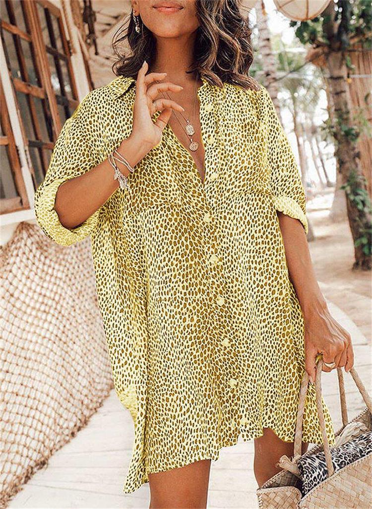 Women leopard print long-sleeved shirt dress 4