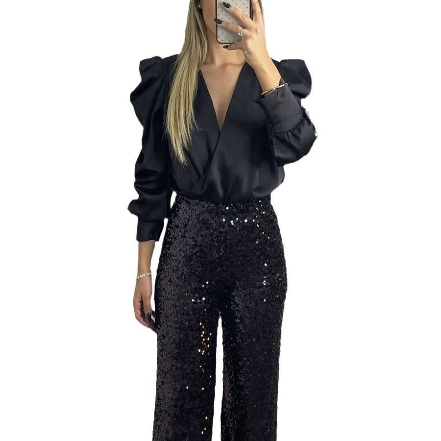 Spring Summer Long Sleeve Loose Satin Shirt Casual Party Top 11