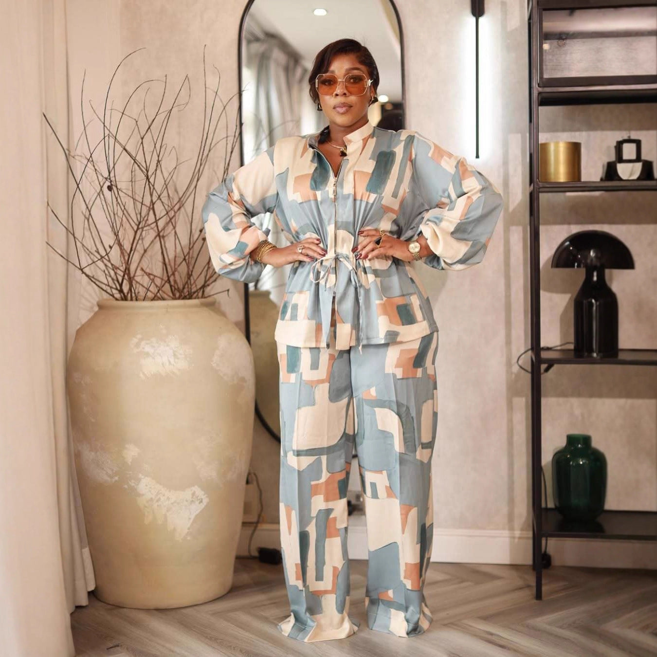 Elegant Stand Collar Print Drawstring Slim Waist Long Sleeve Two-Piece Pants Set 7