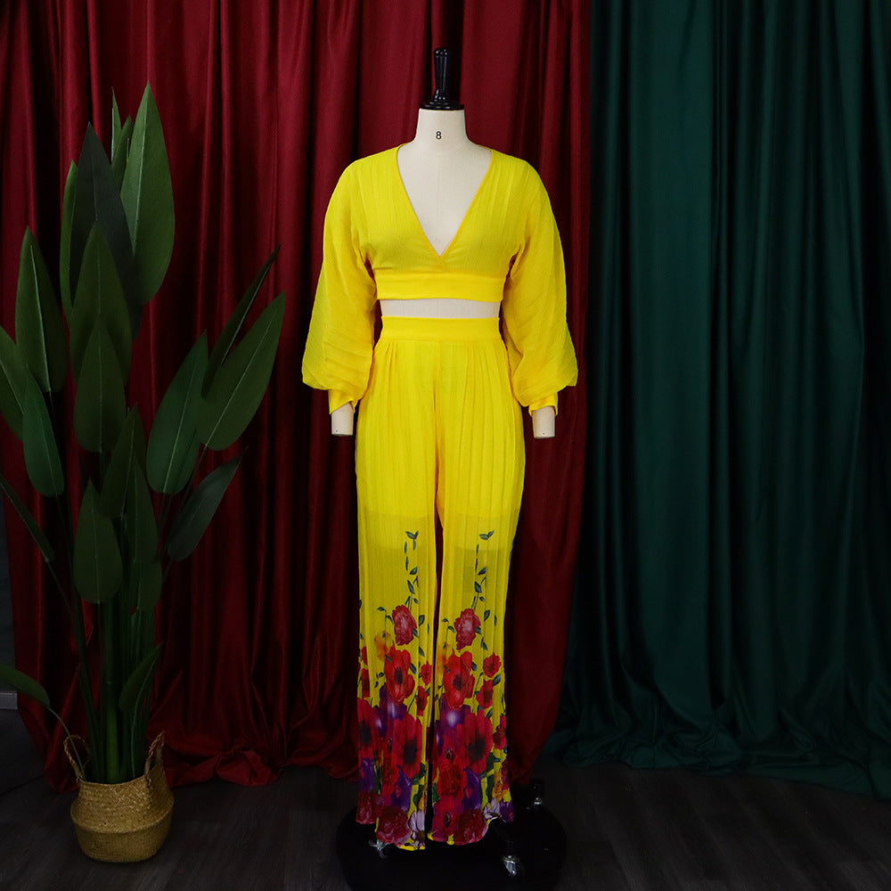 Fashion Suit Women's V-Neck Bat Sleeves Chiffon Top Pleated Wide Leg Pants Two Piece Set 13