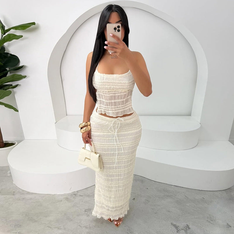 Spring Halter Neck Low Back Vest Pleated Chiffon Sexy Long Skirt Two Piece Set