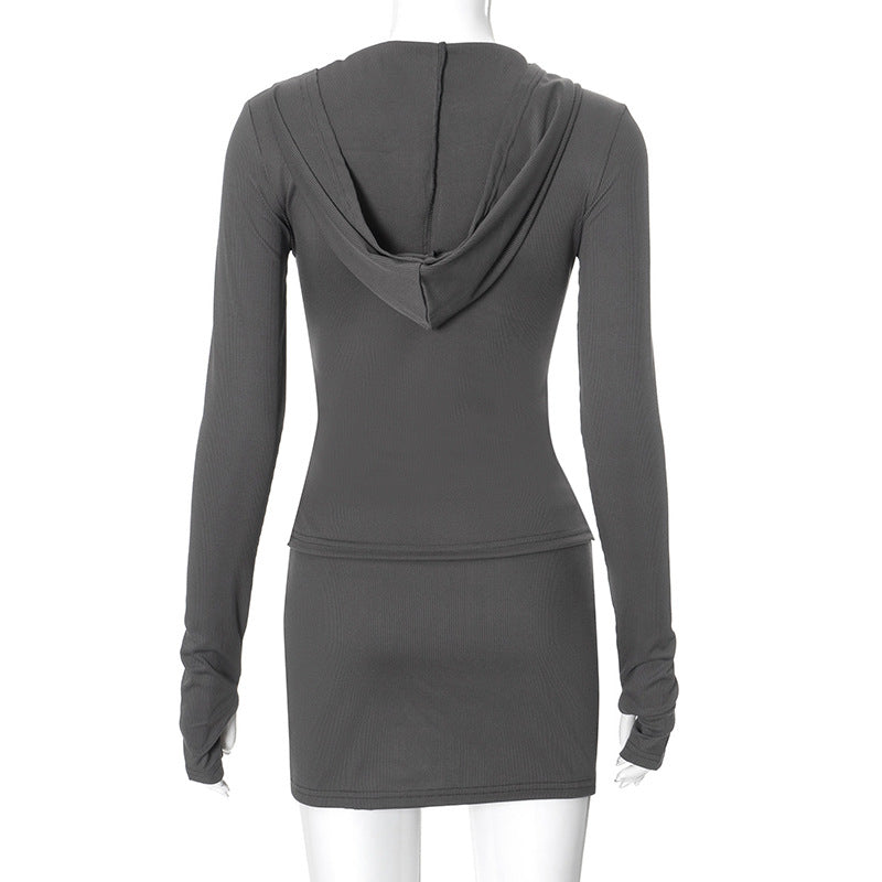 Autumn Fashion Casual Trend Long Sleeve Zipper Slim Waist Top Short Skirt Two Piece Set 9